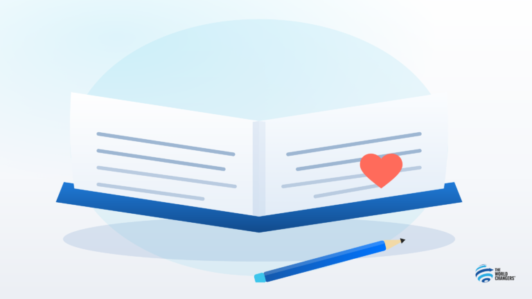 Illustration of an open family journal with a pencil and heart — one page a year tradition